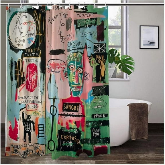 Graffiti Shower Curtain, Abstract Art and Skull Design, Colorful and Cool Bathroom Decor Novelty Shower Curtain, Water Repellent and Durable Fabric - 72 x 72 Inches - 12 Hooks Included