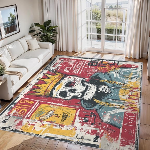 Graffiti Skull Area Rug Crown Skeleton Carpet Washable Non Slip Soft Living Room Bedroom Entrance Mat 2x3ft