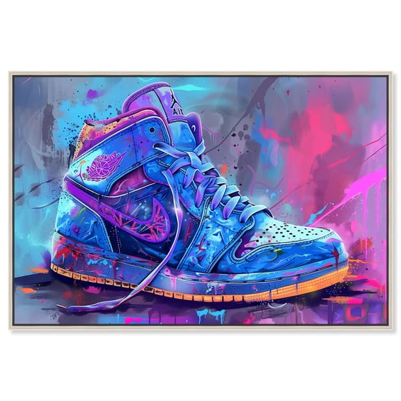 Graffiti Sneaker Urban Style Canvas Wall Art by Notoriart, Silver Floater Frame, 30"x20"