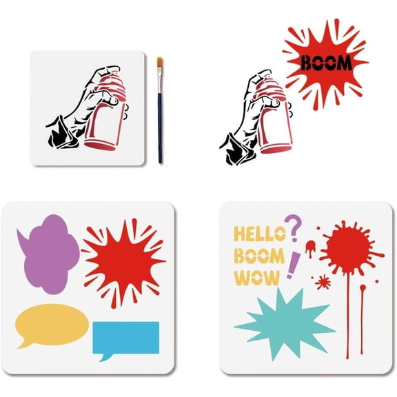 Graffiti Stencil Kit 3 Pcs - Spray Can Comic Text Templates 11.8x11.8/7.8x7.8 Inch for Street Art Wall Decor DIY Wood Painting with Brushes Multi-color