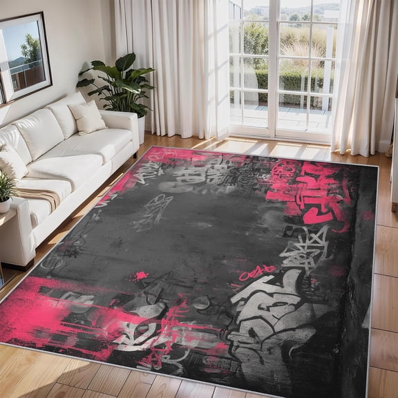 Graffiti Street Art Area Rug Hip Hop Abstract Carpet Washable Non Slip Soft Living Room Bedroom Entrance Mat 2x3ft