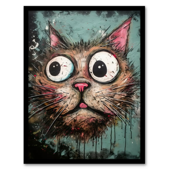 Graffiti Street Art Bug Eyed Cat Artwork By Tom Jones Art Print Framed Poster Wall Decor 12x16 inch