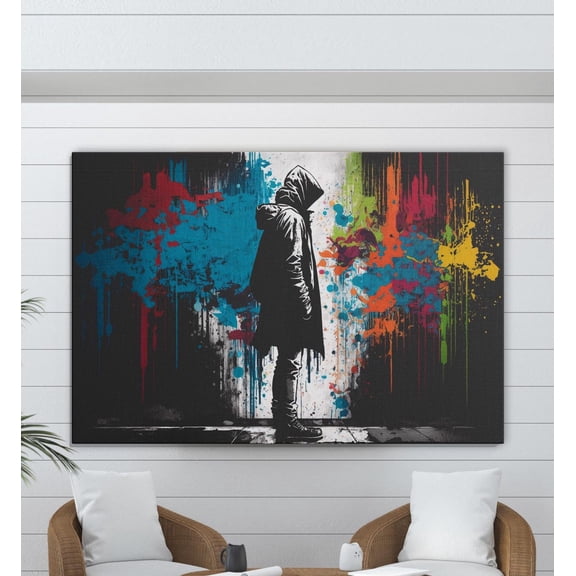 Graffiti Street Art Hooded Figure Poster, Urban Graffiti, Color Splash Wall Decor, Man Cave, Poster, Home Room Decor Home Decor UNFRAMED Poster, Wall Art for Decor, Present, 12x18