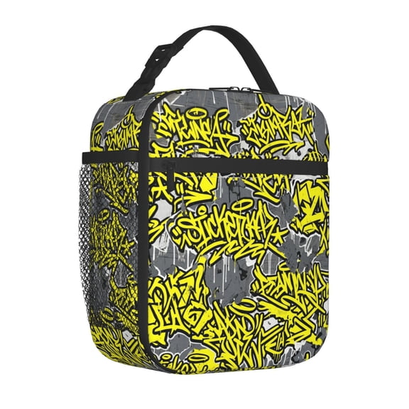 Graffiti Street Art Insulated Lunch Box, Reusable Urban Night Lunch Bag, Yellow Tag Pattern Meal Prep Tote For Commute, Road Trips And Outdoors
