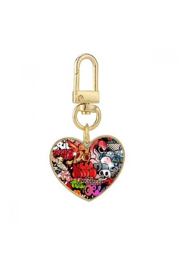 Graffiti Street Colorful l Wall Painting Gold Heart Keychain Metal Keyring Holder