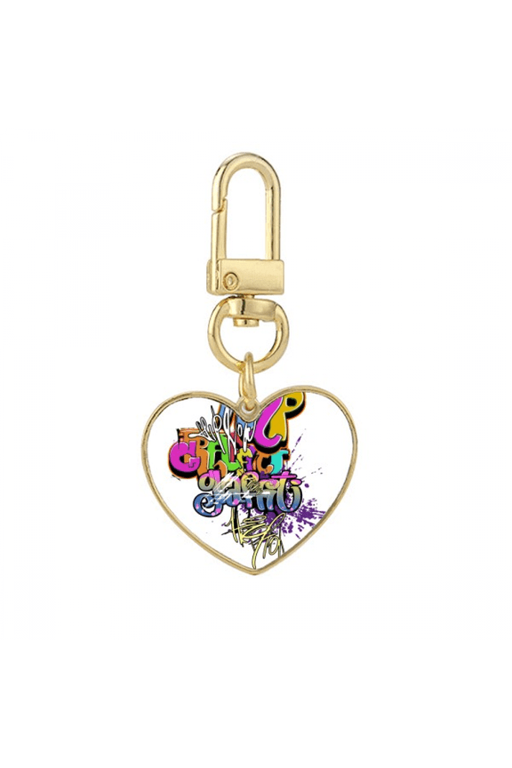 Graffiti Street Culture Colorful Rap Words Gold Heart Keychain Metal Keyring Holder