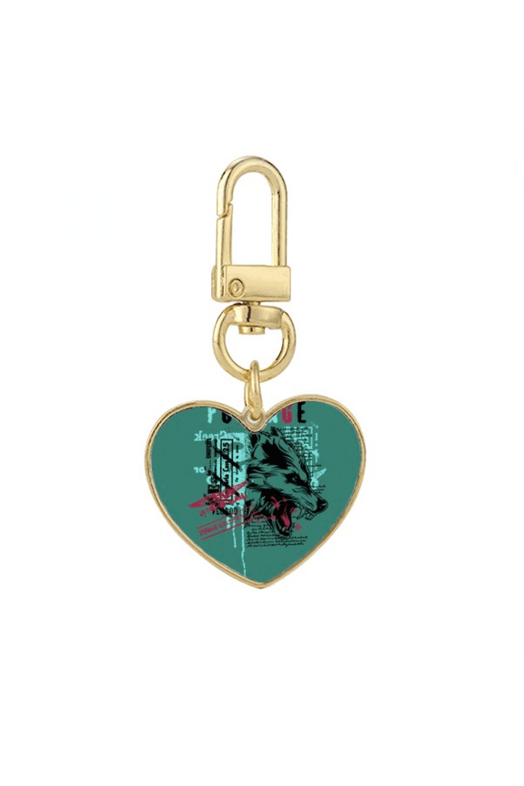 Graffiti Street Wolf Illustration Pattern Gold Heart Keychain Metal Keyring Holder