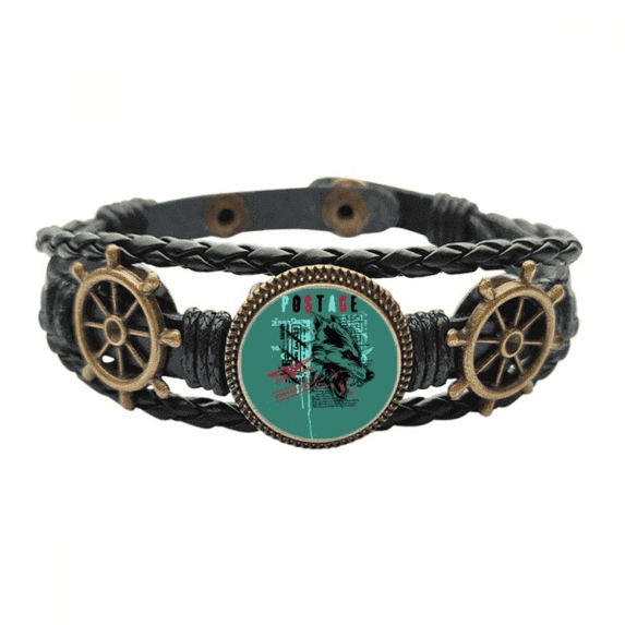 Graffiti Street Wolf Illustration Pattern Leather Braided Ocean Bracelet Wristband