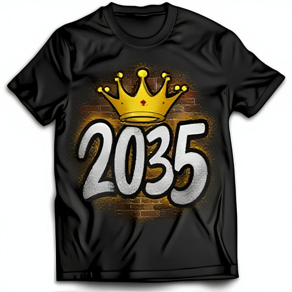 Graffiti Style Black T-Shirt with Silver 2035 and Golden Crown Design
