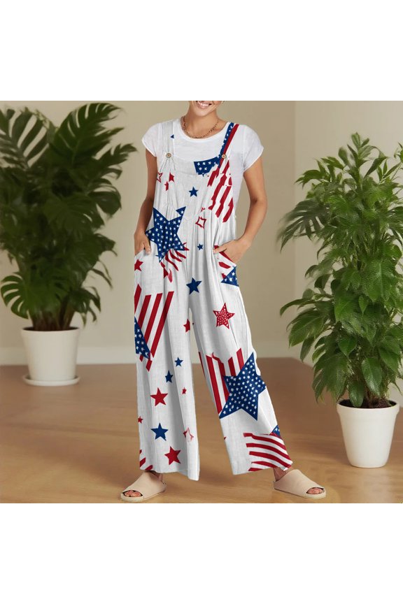 Graffiti Style Star One Piece Casual Loose Overalls Blue M