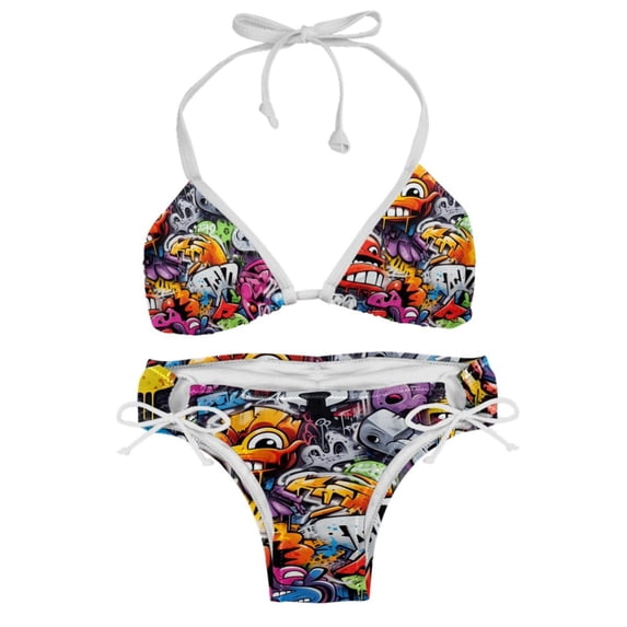Graffiti Stylish Bikini Set with Detachable Sponge & Adjustable Strap, 2-Pack One-Piece Swimsuits for All Scenes