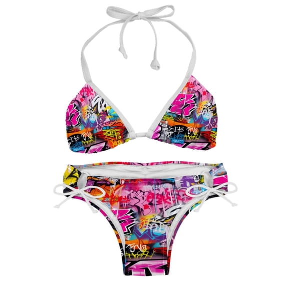 Graffiti Swimsuit Bikini Set with Detachable Sponge and Adjustable Strap, Two-Pack, for Beach and Pool Parties