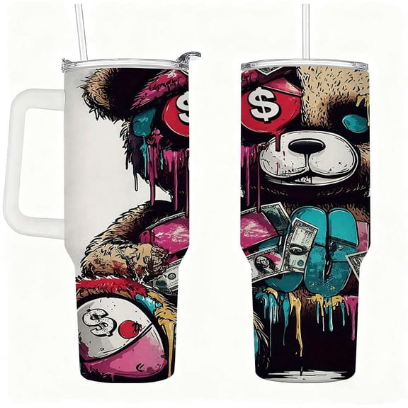 Graffiti Teddy Bear Stainless Steel Tumbler with Handle, Lid & Straw, Insulated Street Style Water Cup