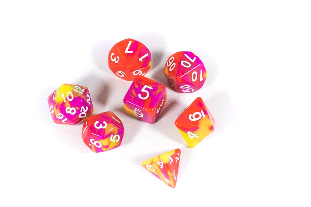 Graffiti Tri-Color Swirl Yellow/Orange/Pink Dice Brycesdice Dnd Polyhedral Retro