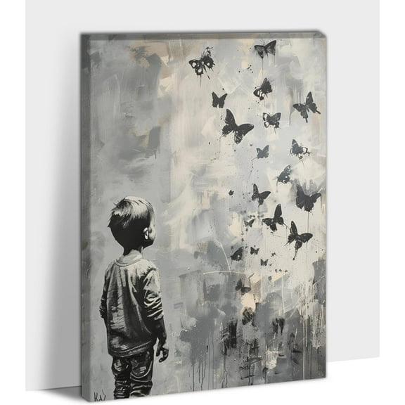 Graffiti Wall Art, Banksy Graffiti Canvas Wall Art Prints, Boy & Butterflies Grey Wall Picture Painting for Living Room Bedroom Wall Decor, Modern Unframed Graffiti Poster Artwork for Walls