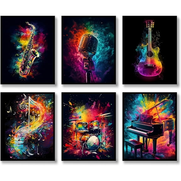 Graffiti Wall Art Prints Set of 6 Cool Music Posters Fashion Colorful Canvas Modern Musical Aesthetic Watercolor Wall Decor Cool Street Pop Art Painting for Living Room Bedroom 8x10in Unframed