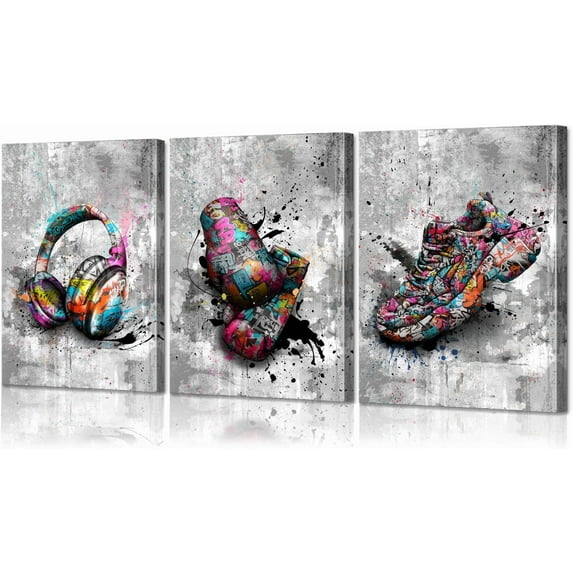 Graffiti Wall Art Sports Poster Football, Basketball, Baseball Wall Decor for Gym & Boys Room Built-in Lightweight Urban Sports Themed Artwork（Only canvas）