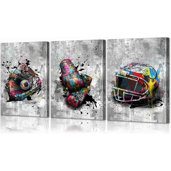 Graffiti Wall Art Sports Poster Football, Basketball, Baseball Wall Decor for Gym & Boys Room Built-in Lightweight Urban Sports Themed Artwork（Only canvas）