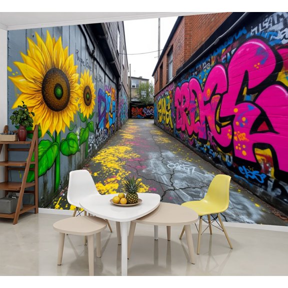 Graffiti Wallpaper Alleyway Vibrant Sunflower Graffiti Peel and Stick Wall Murals 69"H x 96"W Removable PVC Wall Paper Self-Adhesive Wall Paintings Art Decor for Bedroom Living Room