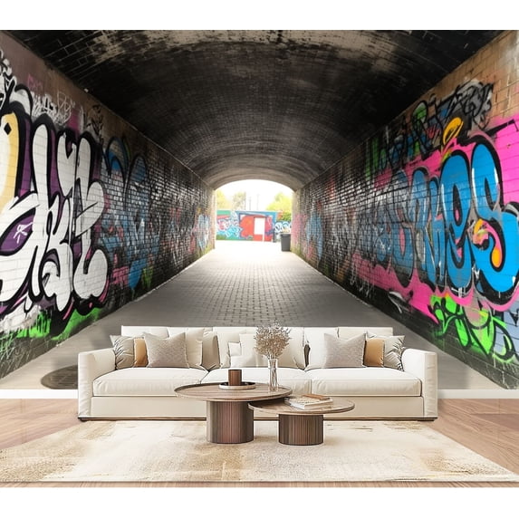 Graffiti Wallpaper Graffiti Tunnel Colorful Street Art Peel and Stick Wall Murals 100"H x 144"W Removable PVC Wall Paper Self-Adhesive Wall Paintings Art Decor for Bedroom Living Room