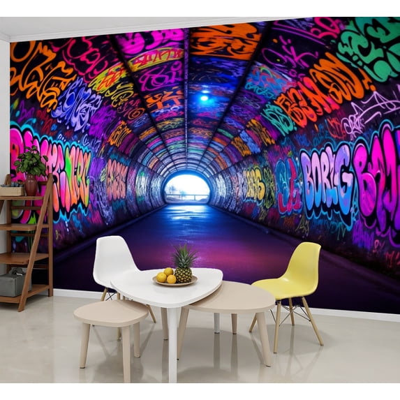 Graffiti Wallpaper Vibrant Graffiti Tunnel Neon Colors Peel and Stick Wall Murals 69"H x 96"W Removable PVC Wall Paper Self-Adhesive Wall Paintings Art Decor for Bedroom Living Room