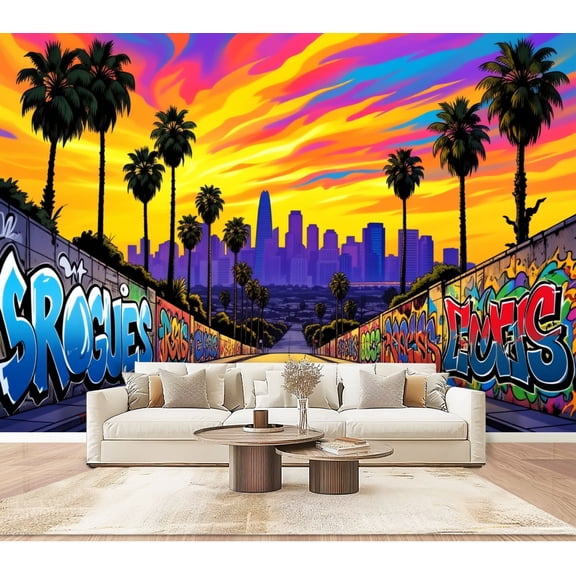 Graffiti Wallpaper Vibrant Sunset Street Graffiti Peel and Stick Wall Murals 100"H x 144"W Removable PVC Wall Paper Self-Adhesive Wall Paintings Art Decor for Bedroom Living Room