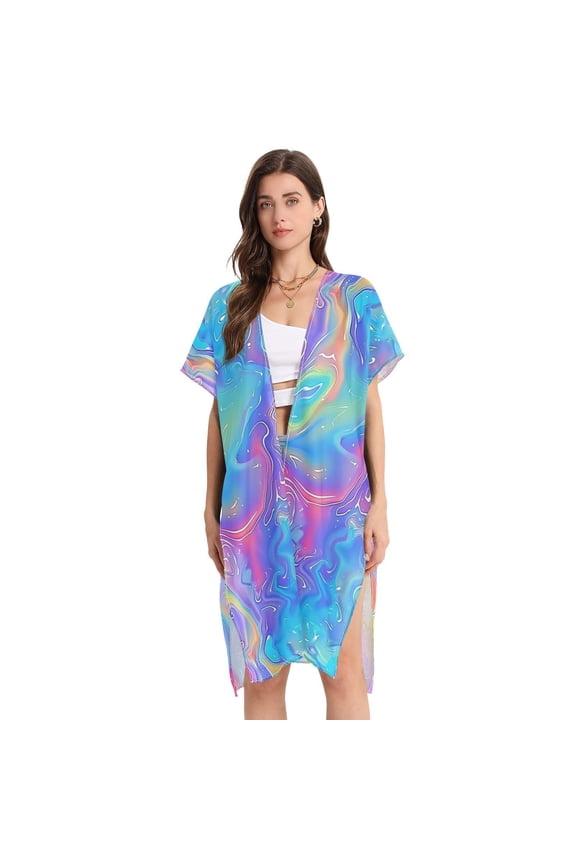 Graffiti Women Swimsuit Cover up V Neck Beach Dress Short Sleeve Vacation Outfits Swimwear