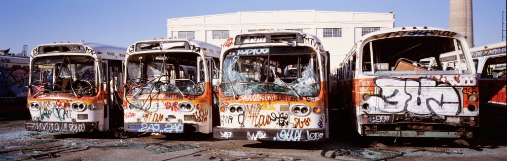 Graffiti buses at junkyard San Francisco California USA Canvas Art - Panoramic Images (6 x 18)