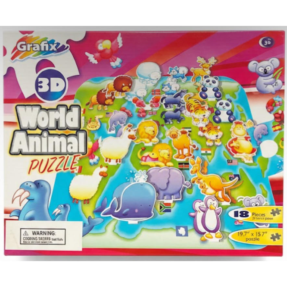Grafix - 3D World Animal Puzzle, 18 Pieces, For Ages 3+ (19.7'' x 15.7'')