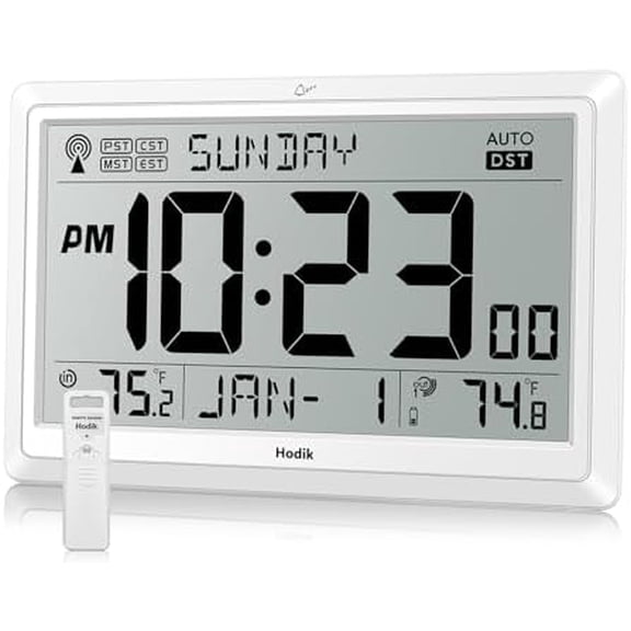 Gragaskl Wall Clock Atomic with Indoor Outdoor Temperature Battery Powered, Easy Reading with 10.5 Inch LCD Display, 330FT Range Table Wall Clock with DST, 12/24 Hour for Living Room Kicthen (White)