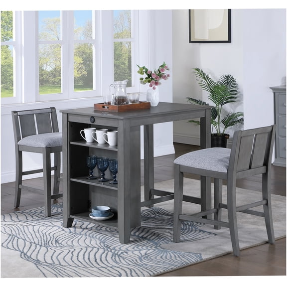 Graham 3-Piece Counter Height Dining Set with USB Charging, Shelves and 2 Chairs, Gray