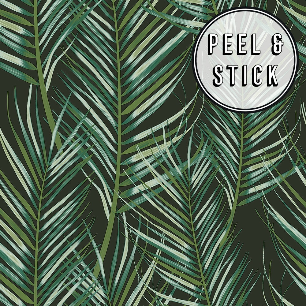 Modern Green and Black Palm Leaf Peel and Stick Wallpaper Roll