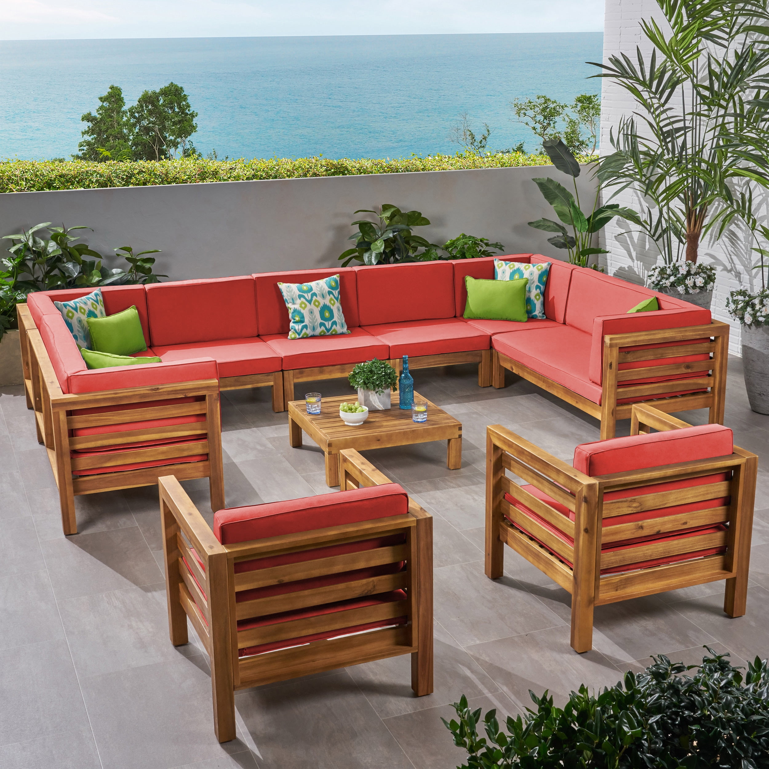 Graham Outdoor 11 Seater Acacia Wood Sectional Sofa and Club Chair Set, Teak Finish, Red
