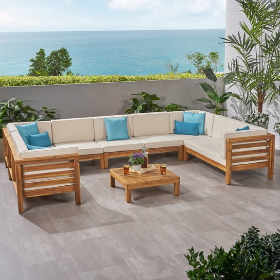 Graham Outdoor 9 Seater Acacia Wood Sectional Sofa Set, Teak Finish, Beige
