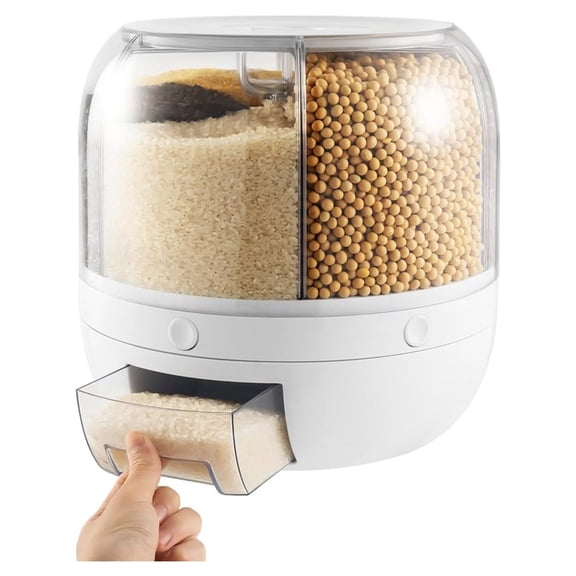 Grain Dispenser 360 Rotating, 6-Grid Rice Container for Kitchen - Dry Food Storage for Barley, Millet, Cereal - Round Multigrain Dispenser
