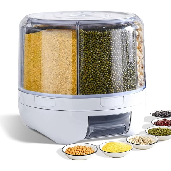 Grain Dispenser, 360 Rotating Storage Container, 6 Grid Food Dispenser with Storage Sealed Lid, Rice Dispenser for Grains, Beans, Rice, Peanut, Barley
