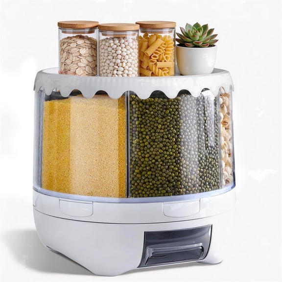 20 Lbs Grain Dispenser, 360° Rotating Storage Container, 6 Grid Food Dispenser with Storage Sealed Lid, Suitable for Grains, Beans, Rice, Peanut, Barley