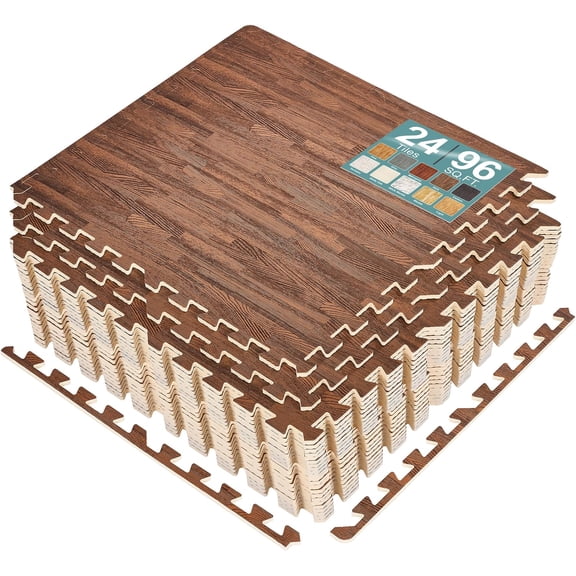 Grain Floor Tiles Foam MatInterlocking Mats Tile 3/8-Inch Thick Flooring Wood Puzzle Exercise Mats w/Borders - Home Playroom Basement, Apartment, Trade Show, Baby, Dance