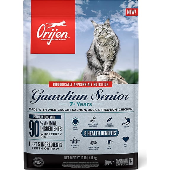 ORIJEN Grain Free Premium High Protein Fresh & Raw Animal Ingredients Guardian Senior Dry Cat Food 10 lbs.