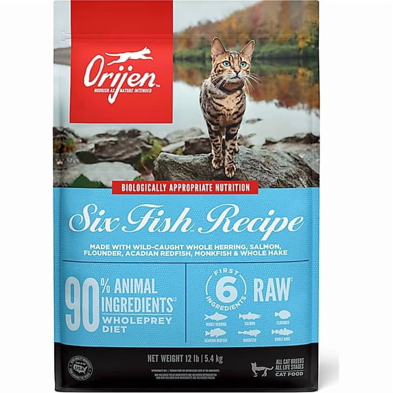 ORIJEN Grain Free Six Fish Premium High Protein Fresh & Raw Animal Ingredients Dry Cat Food 12 lbs