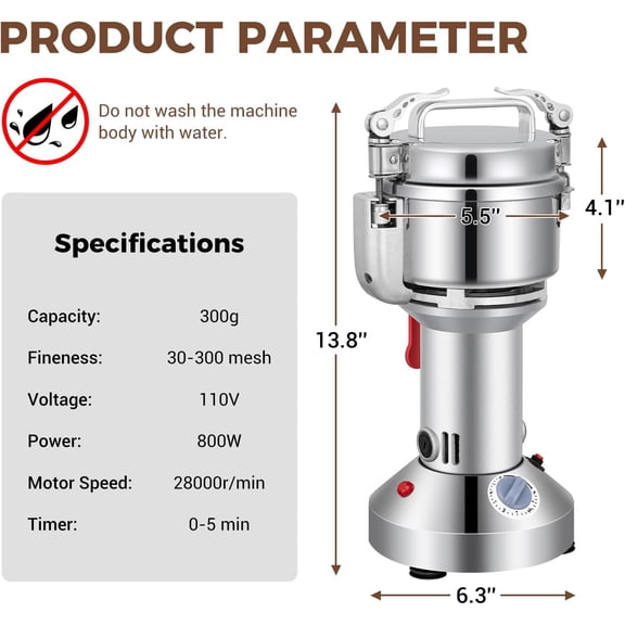 Grain Mill 300g Commercial Spice Grinder Electric 1200W Stainless Steel Pulverizer Dry Grinders for Grinding Wheat, Oats, Corn, Pepper, and Coffee Beans – Grinder for Kitchen.