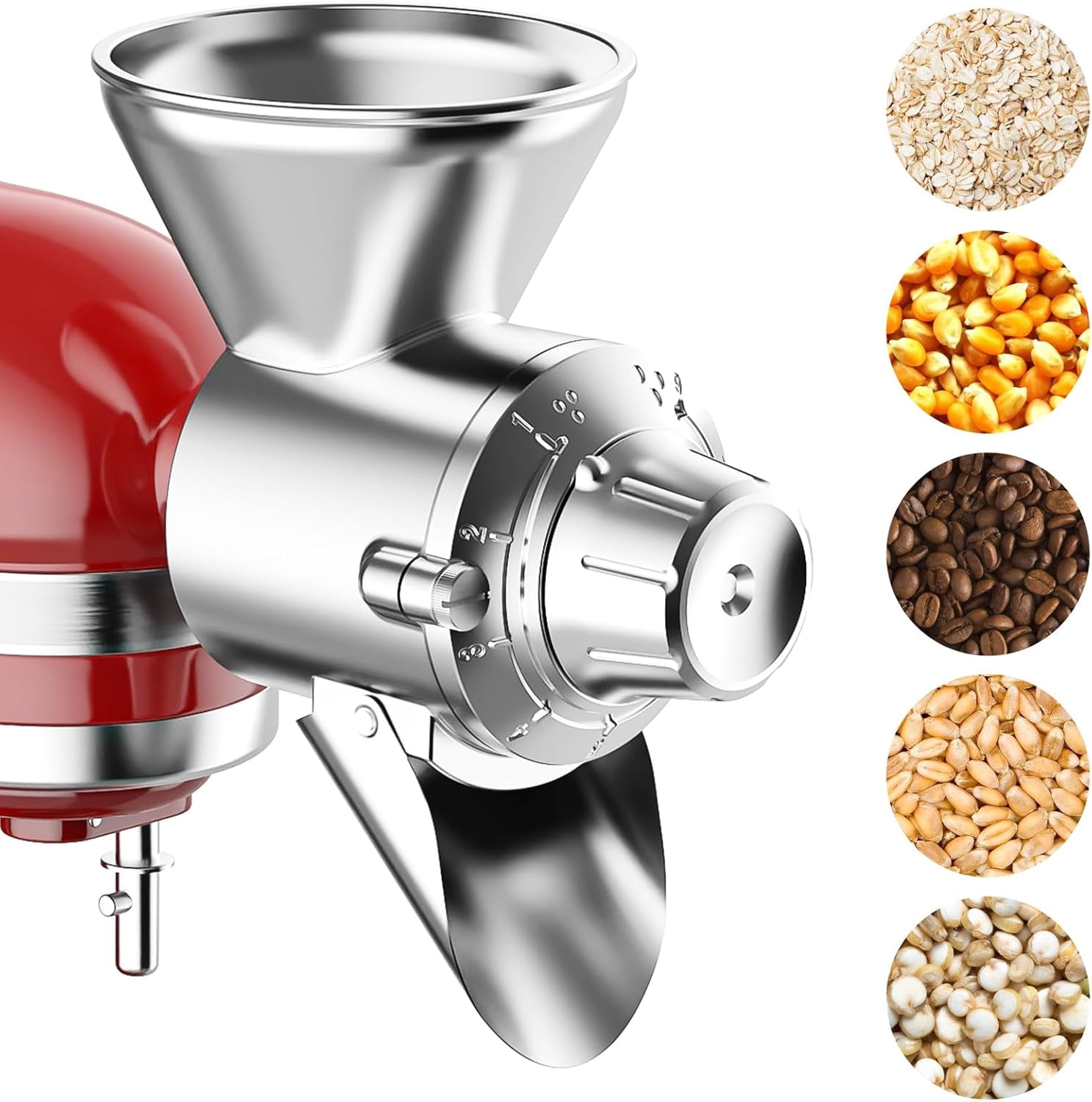 GVODE Grain Mill Attachment for Kitchenaid Stand Mixer, 9 Levels Grain Mill, Fits for Non-Oily Dry Grain Corn, Coffee Bean, Buckwheat, Oats, Millet, Wheat, Metal Flour Mill Attachment