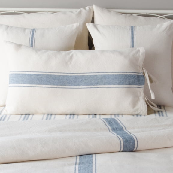 Grain Sack Stripe Colonial Blue and Cream 15" x 27" Lumbar Pillow Cover by Raghu