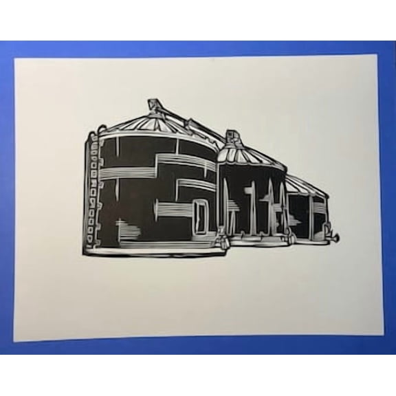 Grain Silos Farm Heartland Print Handprinted Linocut Relief Print Poster, Poster Only