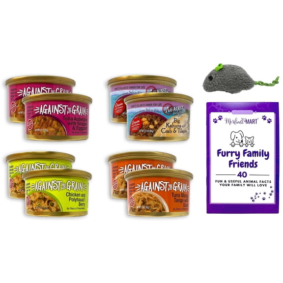 Against The Grain Wet Cat Food 4 Flavor Sampler | Chicken Berry, Crab Tilapia, Tuna Snapper & Tuna Mango Duck | 8-Pack | MerlinsMart Zine + Toy