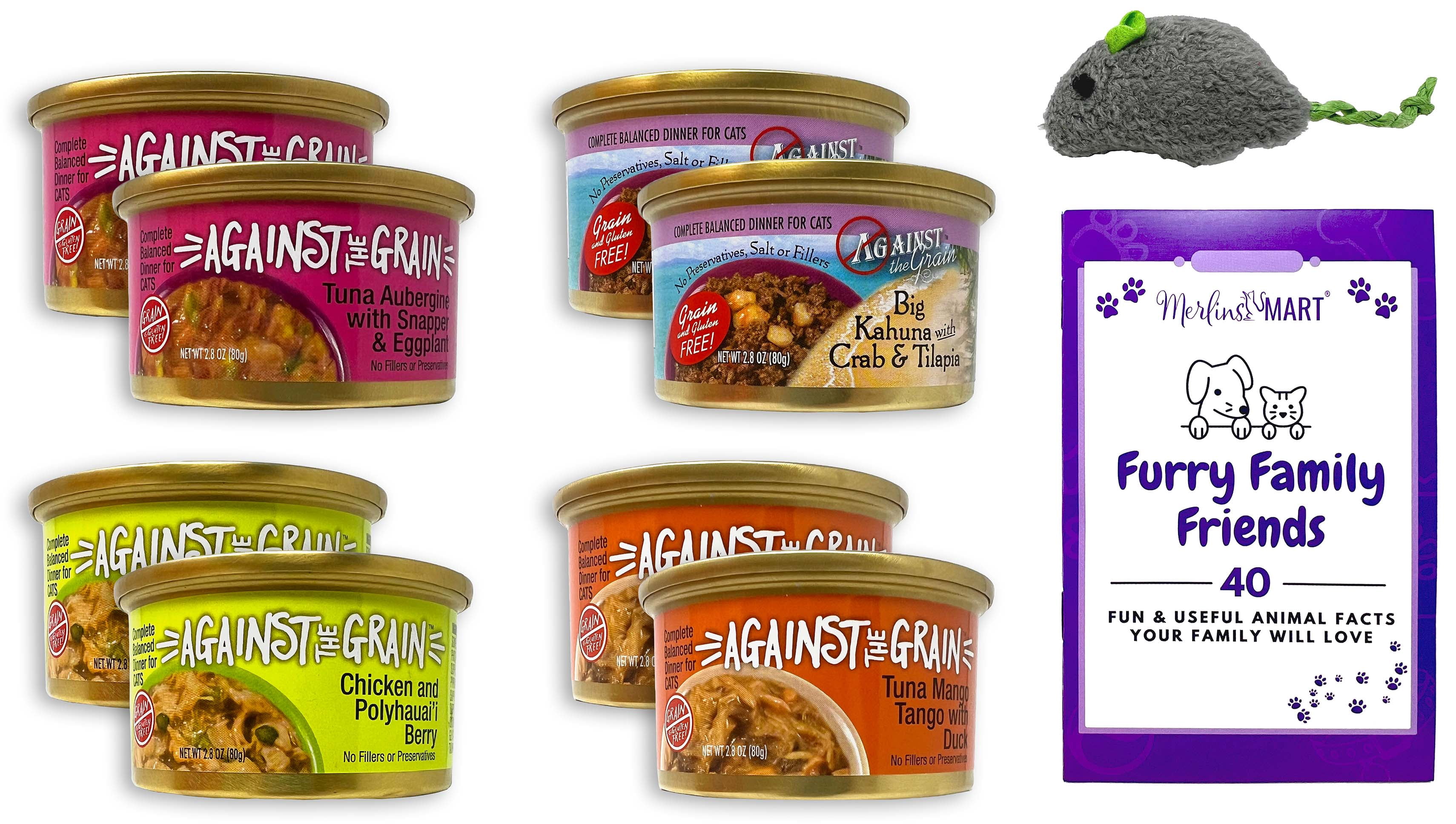 Against The Grain Wet Cat Food 4 Flavor 8 Can Sampler, 2 Each: Chicken Polyhauai'i Berry, Big Kahuna Crab Tilapia, Tuna Snapper, Tuna Mango Duck (2.8 Ounces) MerlinsMart Zine + Toy