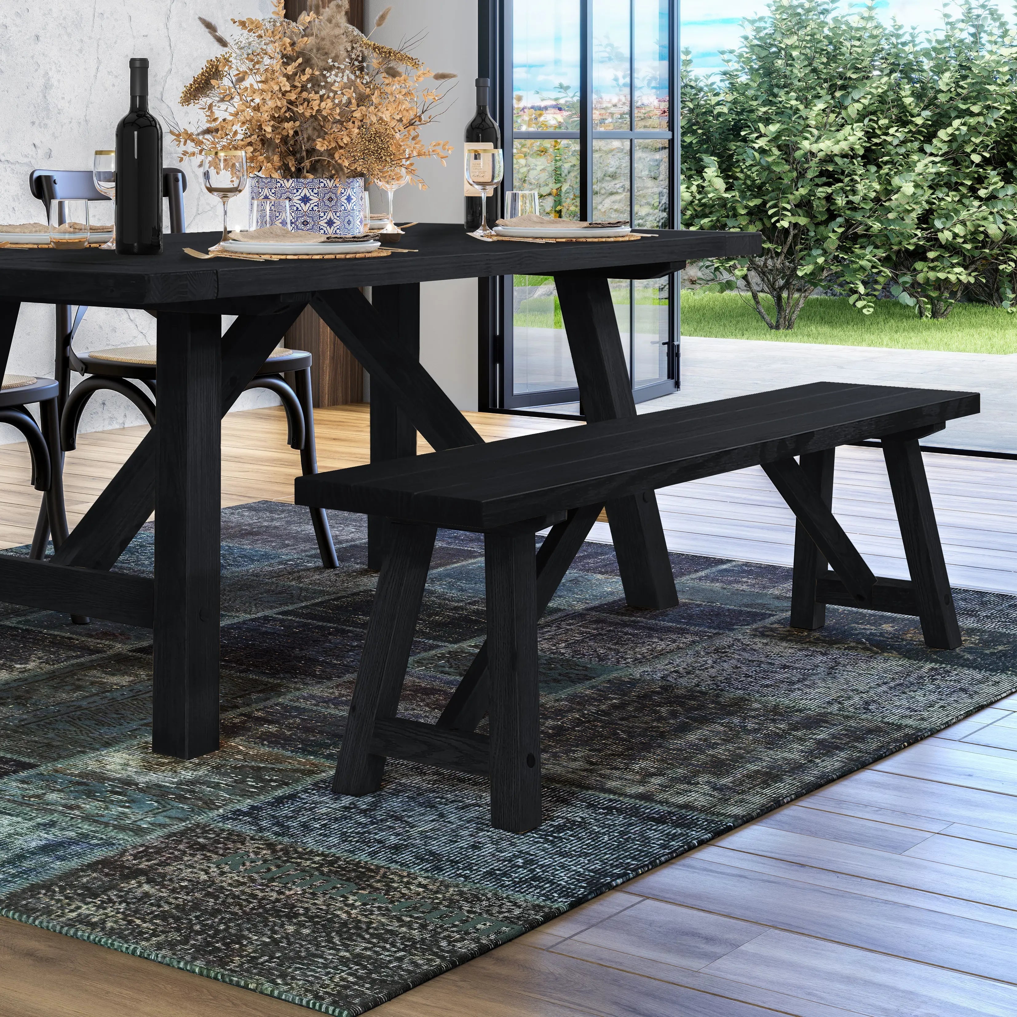 Black Oak 72'' Solid Wood Farmhouse Dining Table
