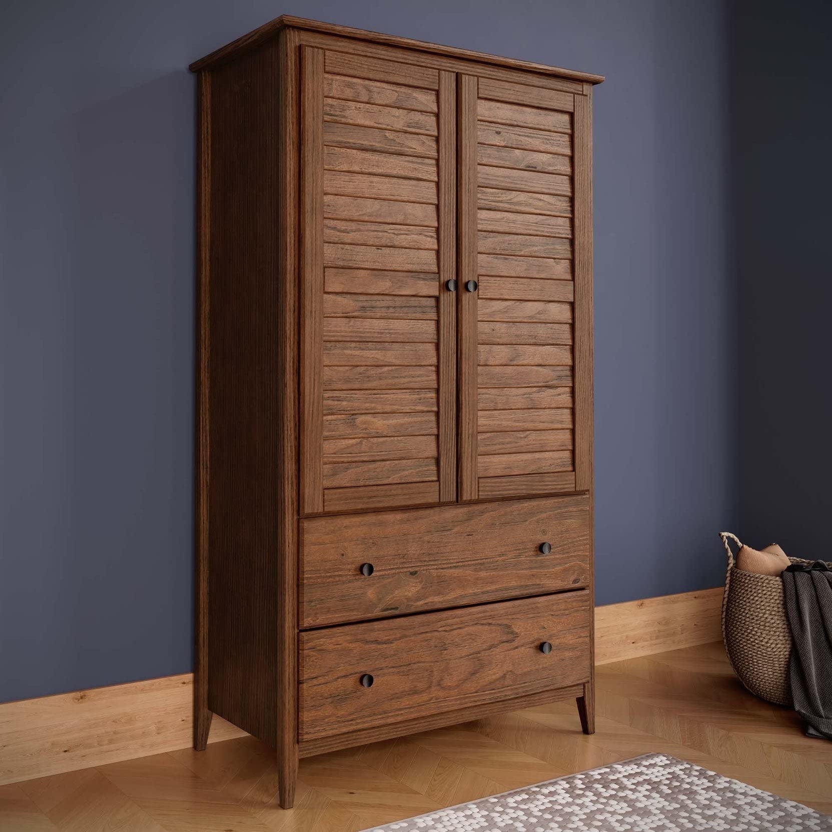 Brushed Walnut Coastal Solid Wood Armoire with Louvered Doors