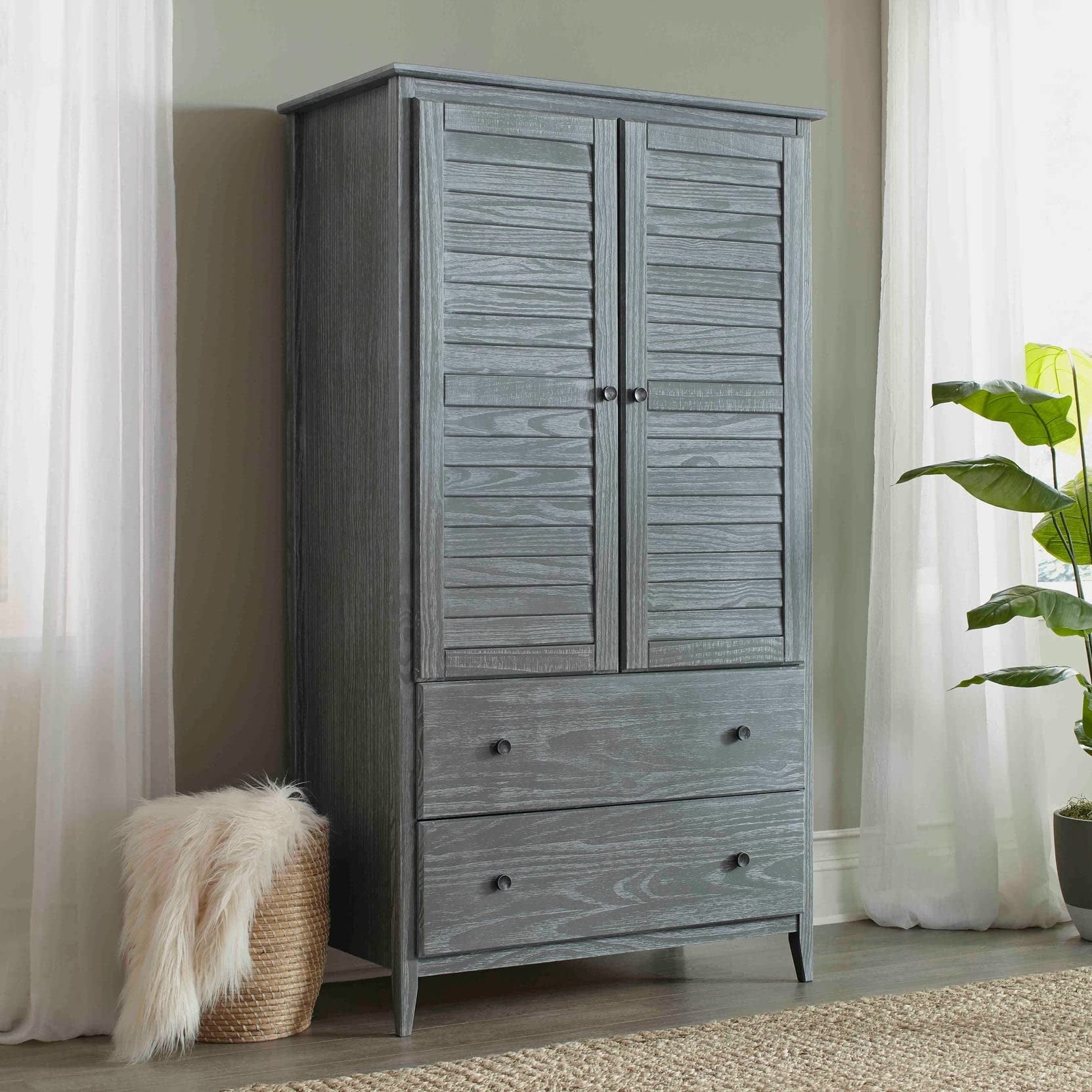 Brushed Grey Coastal Solid Pine Wood Armoire with Louvered Doors