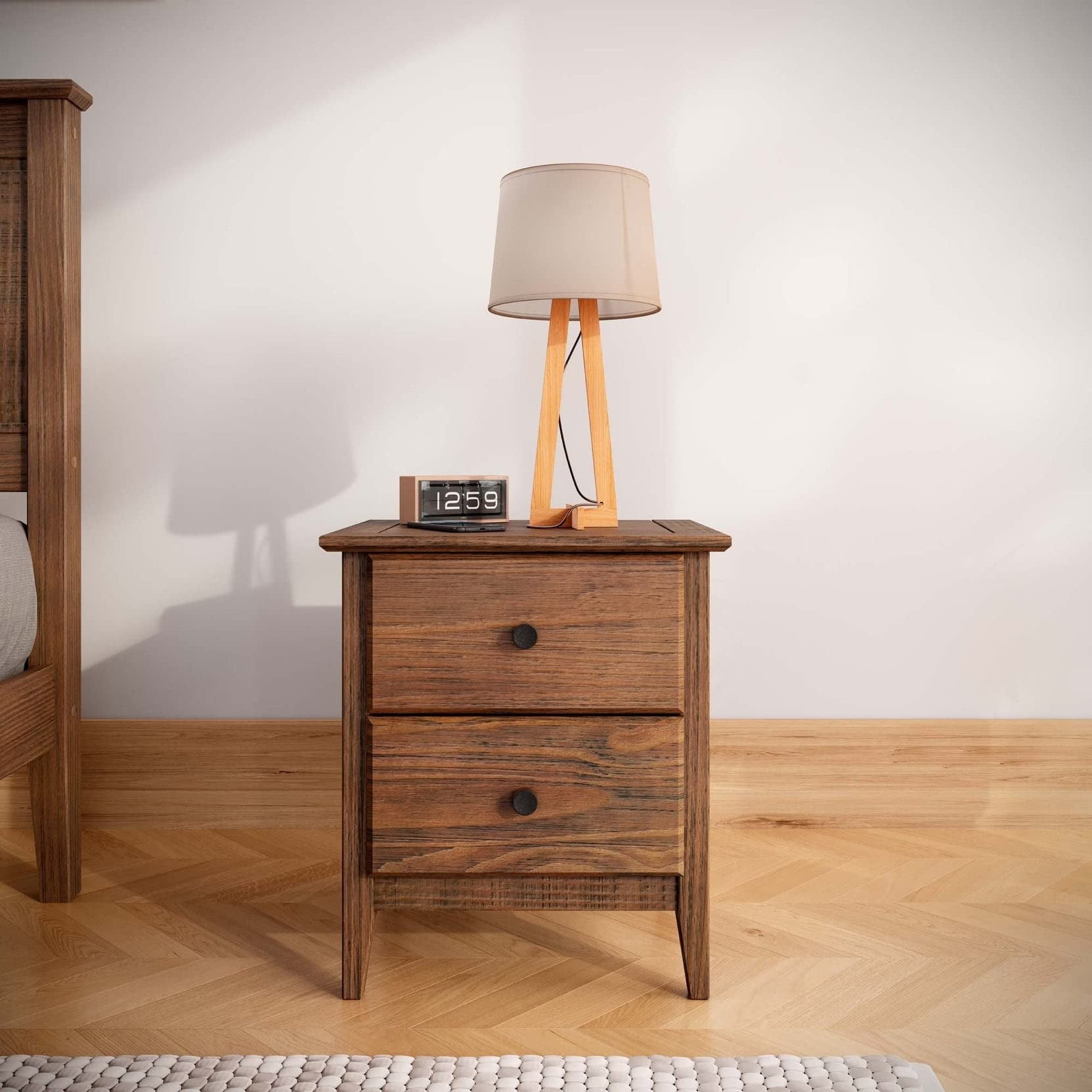 Brushed Walnut Solid Pine 2-Drawer Nightstand